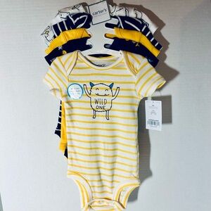 Carter's Monster Print Onesie Set of 5 in White, Navy & Yellow NWT Size 3 Month